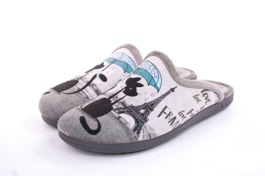 s`knöpfli S`Knopfli Damen Hausschuh Pantolette Katzenmotiv Grau S22 X27664 Terpel Gris Hausschuhe