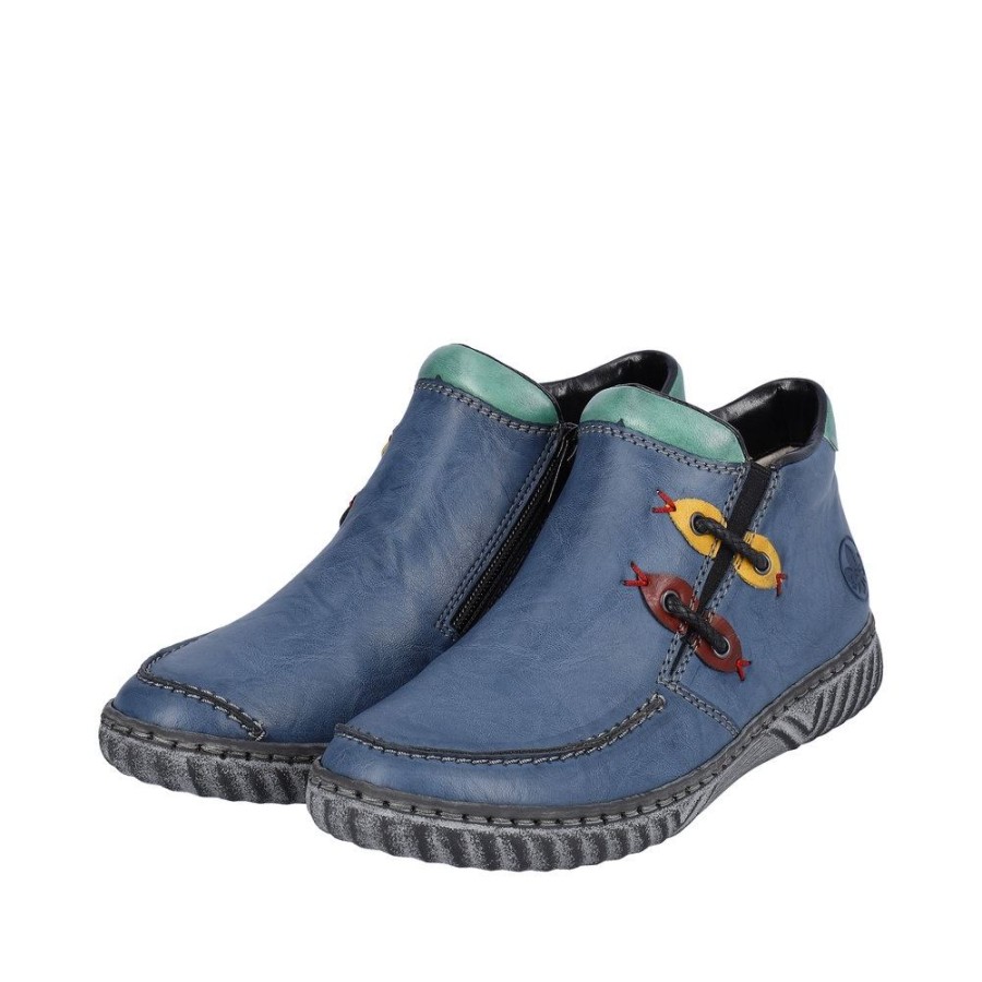 Rieker Rieker Damen Slipper Blau Grau Bunte Patches S23 N0959-14 Royal/Maigruen/ Stiefel