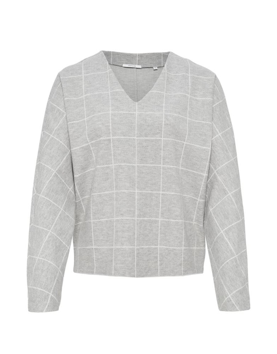 OPUS Opus Sweater Gavini Check Pullover V- Ausschnitt Grau S22 10095710760145 8056 Hazy Fog M Pullover