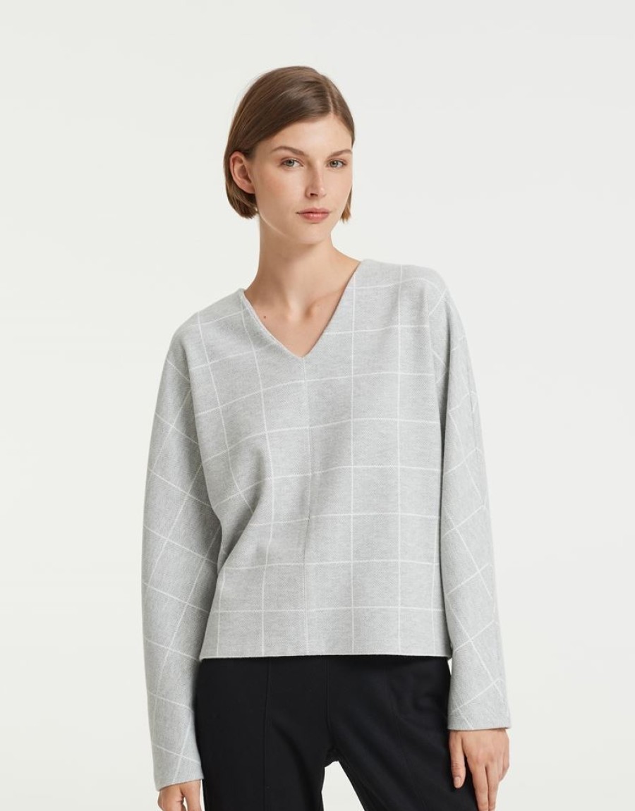 OPUS Opus Sweater Gavini Check Pullover V- Ausschnitt Grau S22 10095710760145 8056 Hazy Fog M Pullover