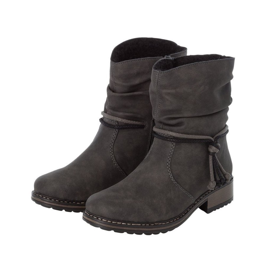 Rieker Rieker Damen Stiefelette Kurzstiefel Warmfutter Zierkordel Grau S23 Z6893-45 Anthrazit Stiefel