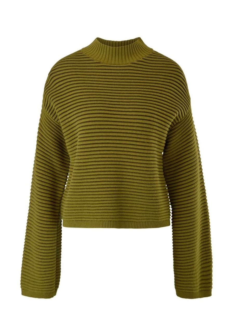 s.Oliver S.Oliver Damen Strickpullover Streifen Rippstruktur Trompetenarmel Grun S22 2120792 77X6 Green Pullover