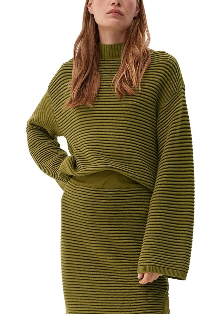 s.Oliver S.Oliver Damen Strickpullover Streifen Rippstruktur Trompetenarmel Grun S22 2120792 77X6 Green Pullover