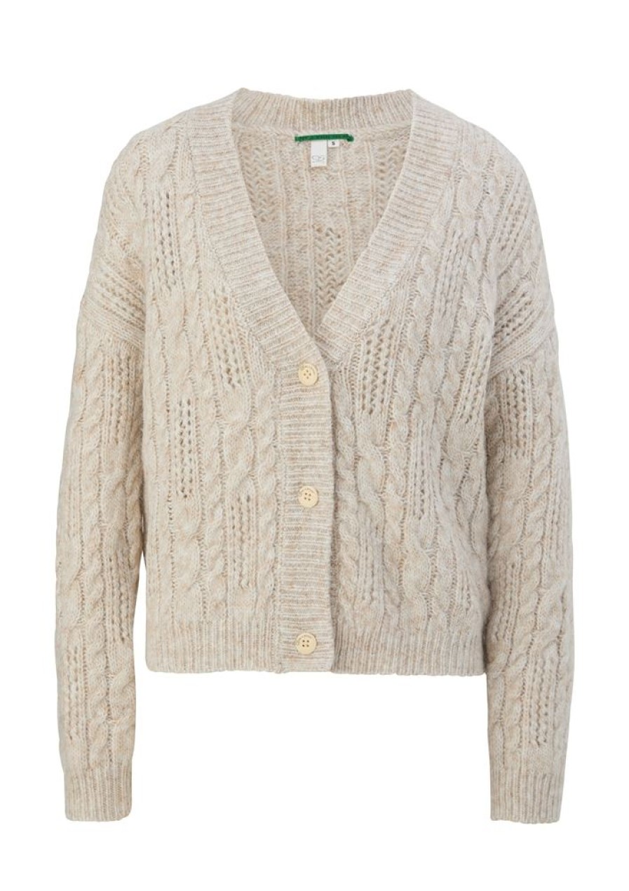 QS Qs Designed By Strickjacke Ajourmuster V- Ausschnitt Knopfleiste Beige S22 2119051 02W0 White Jacke