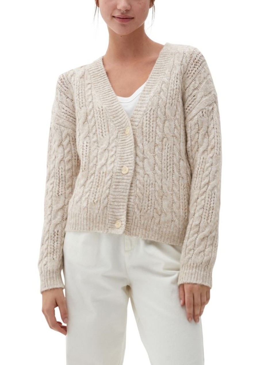 QS Qs Designed By Strickjacke Ajourmuster V- Ausschnitt Knopfleiste Beige S22 2119051 02W0 White Jacke