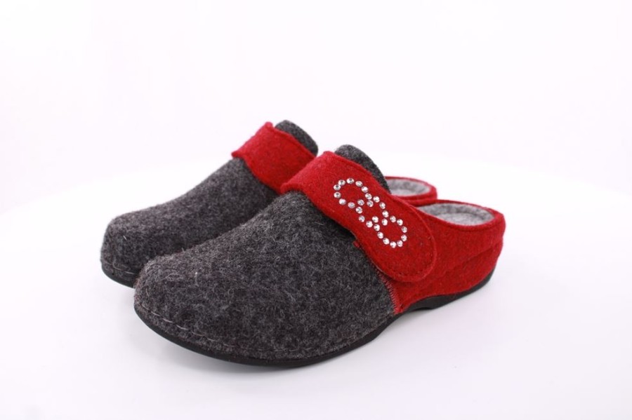 Fuß Fus Bequem Damen Hausschuh Pantolette Klettverschluss Grau S23 207-2/01 Grey/Red Hausschuhe