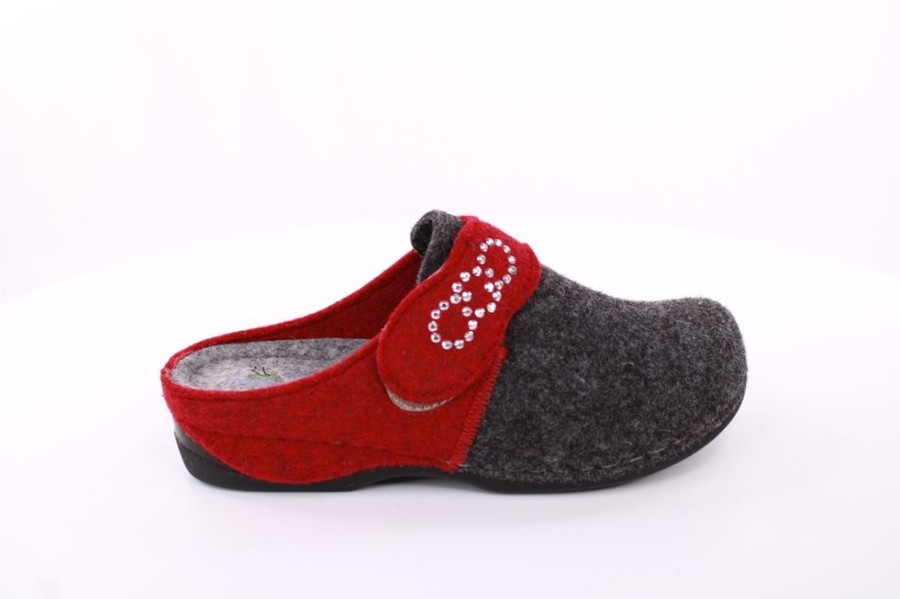 Fuß Fus Bequem Damen Hausschuh Pantolette Klettverschluss Grau S23 207-2/01 Grey/Red Hausschuhe