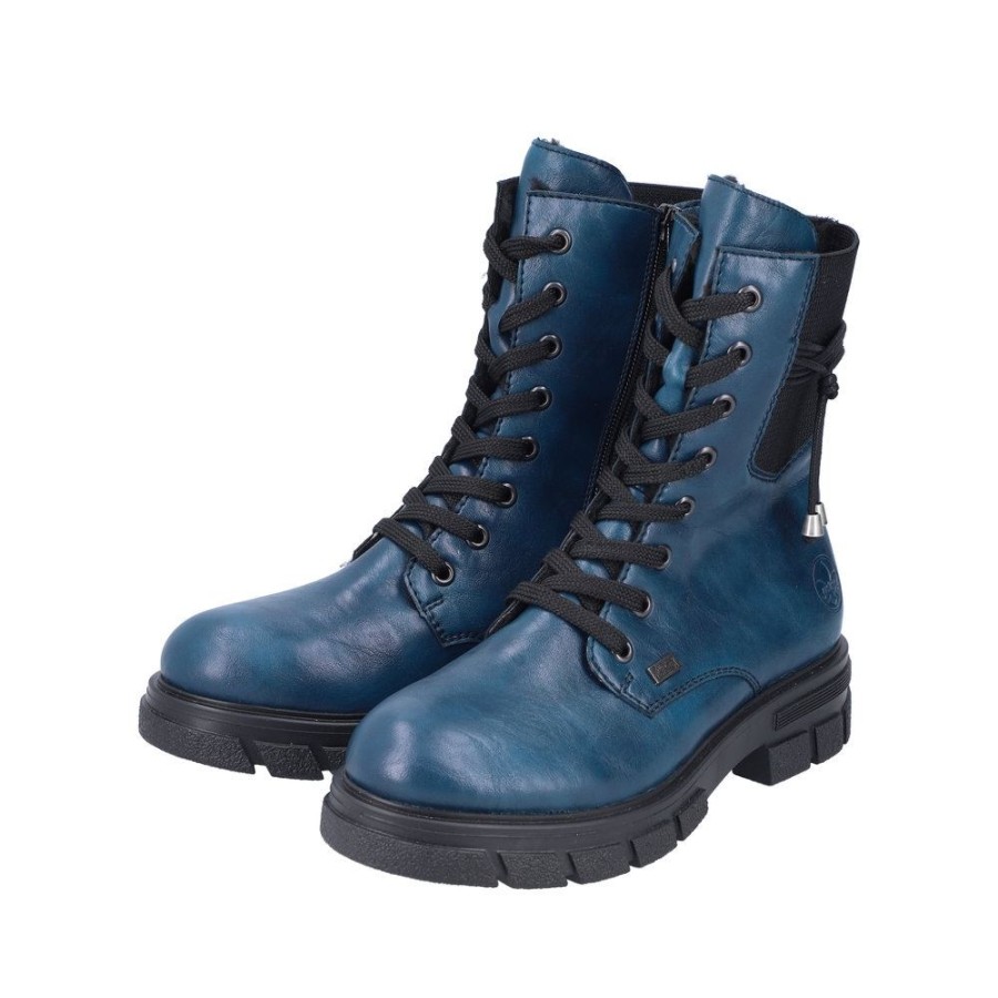 Rieker Rieker Damen Biker- Boots Schnurboots Tex- Membran Warmfutter Zierkordel Blau S23 Z9124-12 Petrol/Schwarz Stiefel