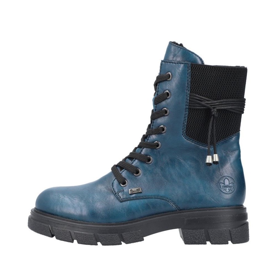 Rieker Rieker Damen Biker- Boots Schnurboots Tex- Membran Warmfutter Zierkordel Blau S23 Z9124-12 Petrol/Schwarz Stiefel