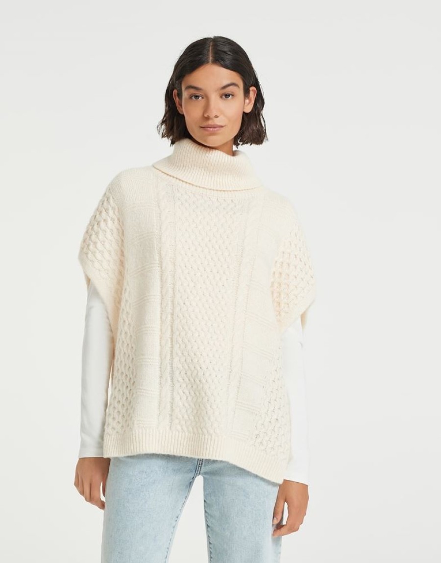 OPUS Opus Abraidy Cape Poncho Zopfmuster Groser Kragen Beige S22 1010985934100 1006 Soft Cream Pullover