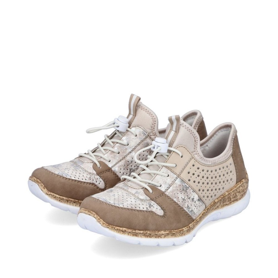 Rieker Rieker Antistress Damen Slipper Sneaker Schnellschnurung Lochmuster Beige S13 N4255-60 Shell/Beige-Sil Slipper