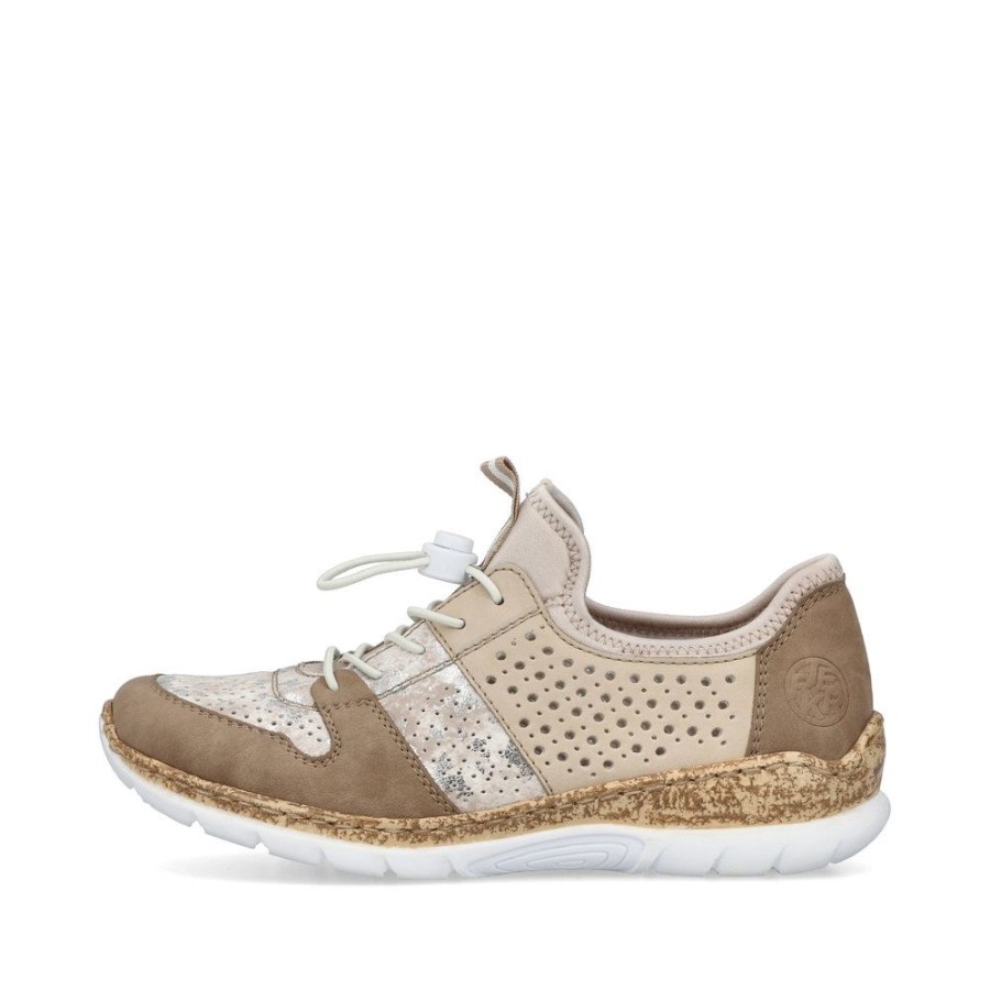 Rieker Rieker Antistress Damen Slipper Sneaker Schnellschnurung Lochmuster Beige S13 N4255-60 Shell/Beige-Sil Slipper